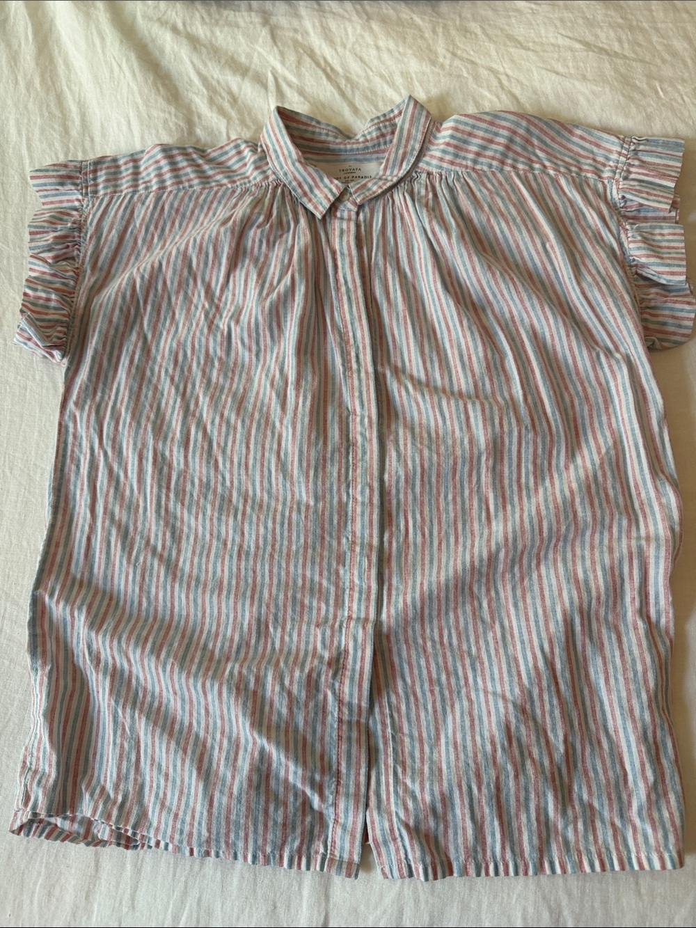 Relaxed Short-Sleeve Button-Down Shirt in Blue, Pink & Cream Stripes